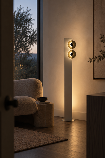 A modern tall floor lamp with two circular gold-toned light heads on a slim white stand, placed in a warmly lit living room beside a window and upholstered chair.