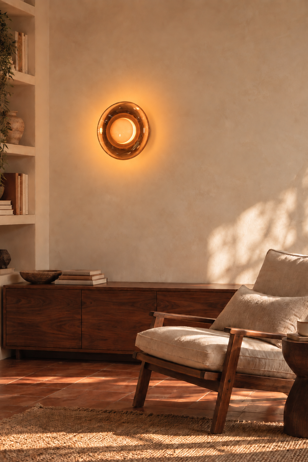 A warm, circular wall sconce with a textured bronze finish and glowing candle-like light, mounted on a textured beige plaster wall in a beautifully styled room with a wooden console, a mid-century modern armchair, and warm sunlight casting shadows.