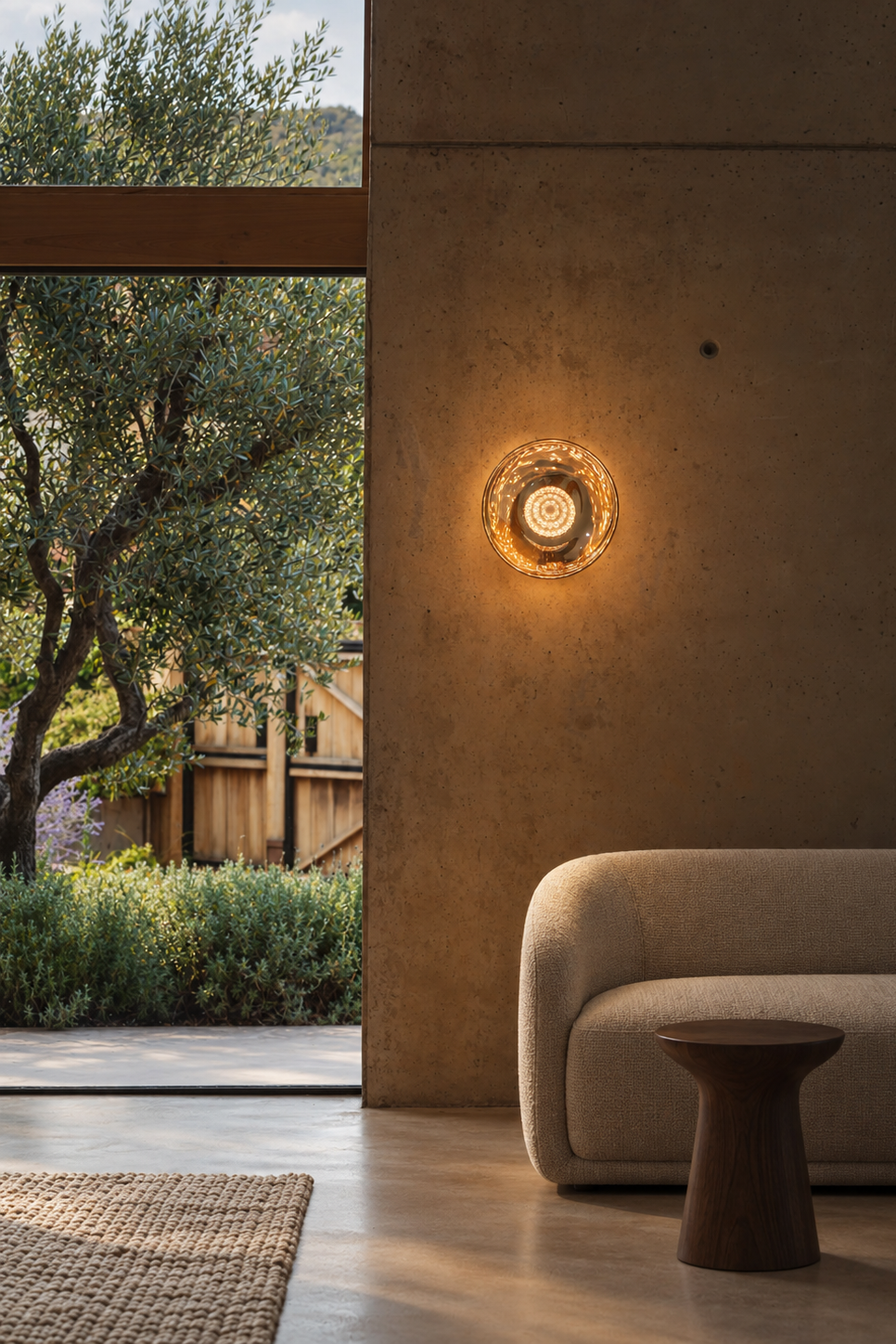 A modern circular wall sconce with a textured, organic gold-toned frame emitting warm light, mounted on a concrete wall in a minimalist interior setting next to a beige sofa and wooden side table.