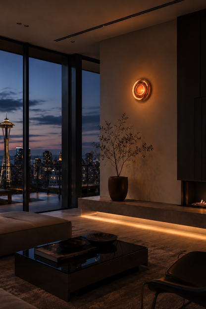 A modern living room interior at dusk with large floor-to-ceiling windows showing a city skyline and the Space Needle. The room features a beige sofa, dark glass coffee table, black chair, a low concrete fireplace with a visible flame, a tall dark vase with dried branches, and a circular warm wall light.