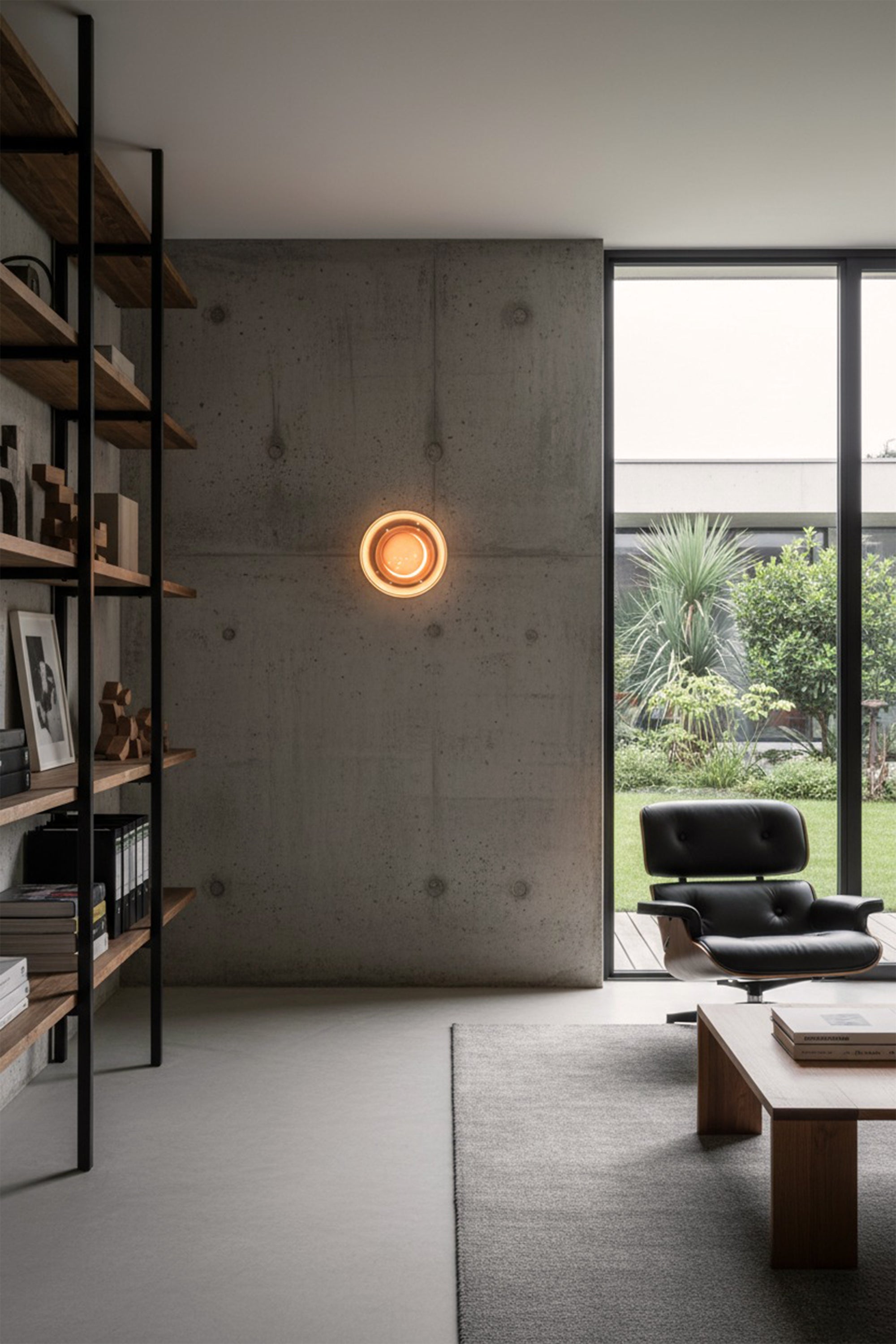 Modern interior with a bookshelf, chair, and large window.