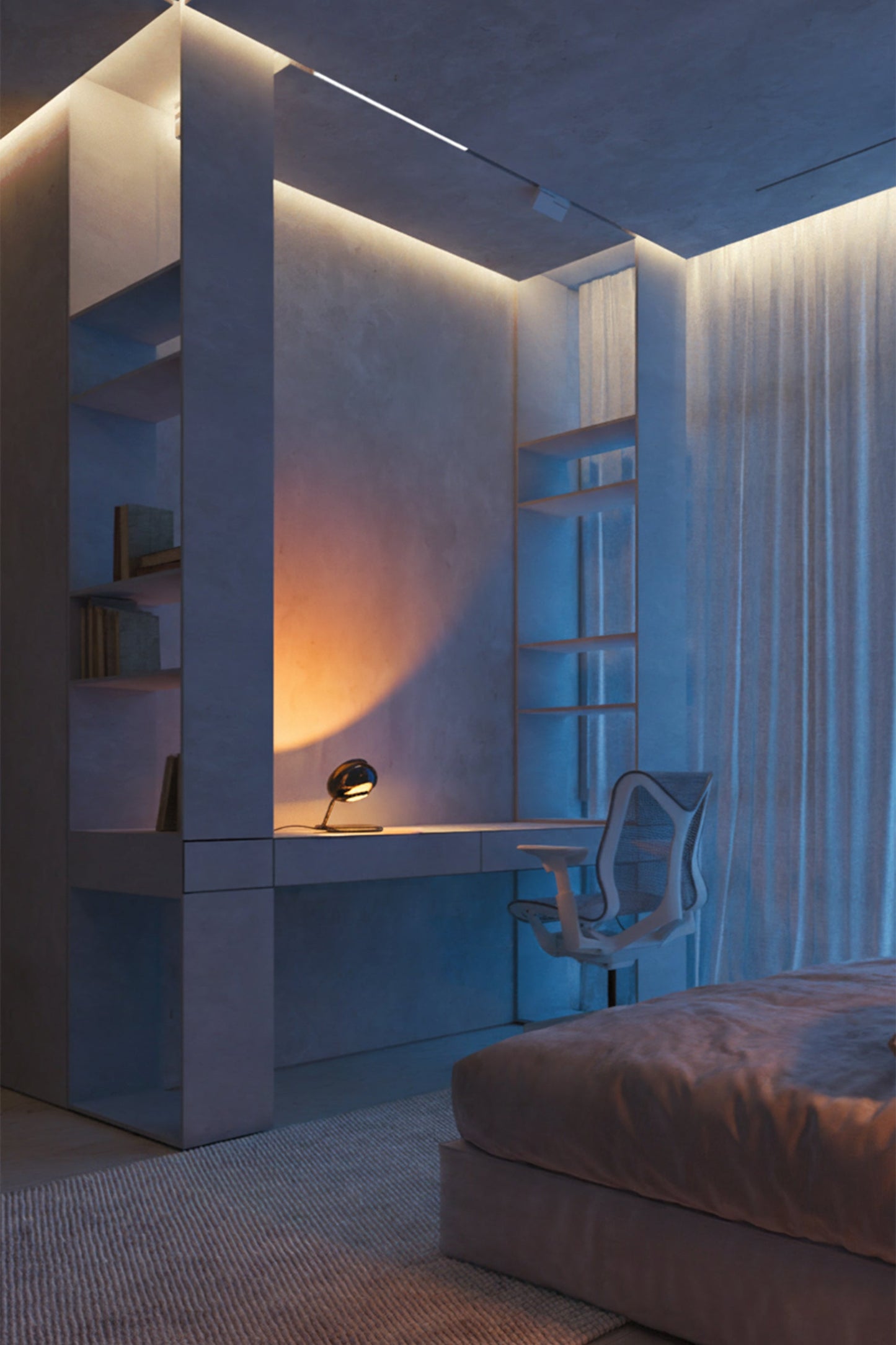 Modern bedroom with a desk, chair, and shelves under ambient lighting.