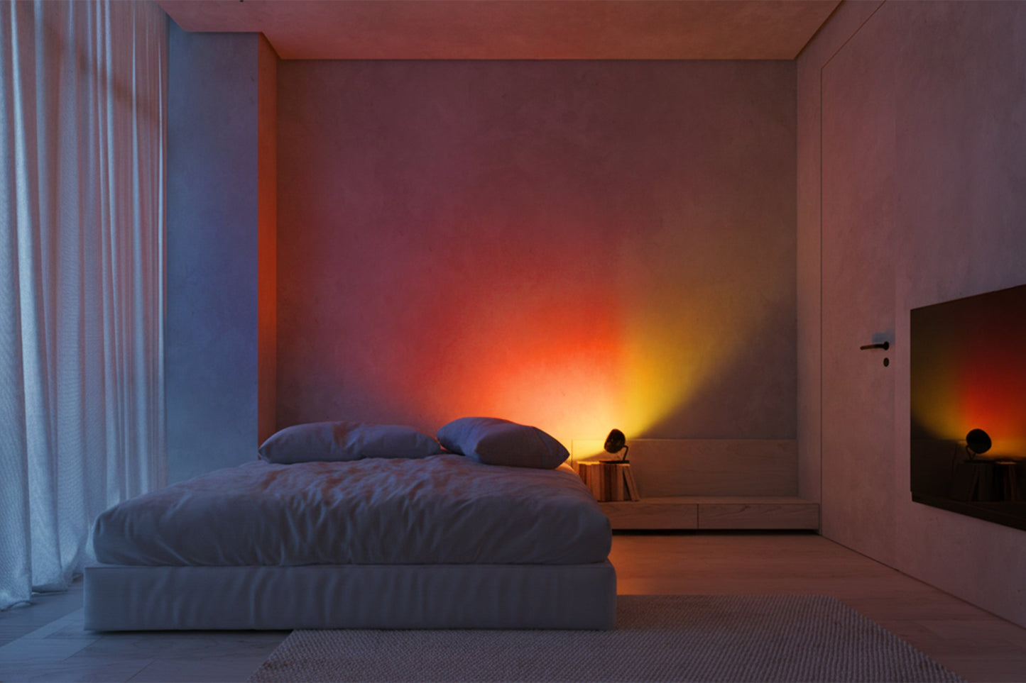 Modern bedroom with a bed and a wall with colorful lighting