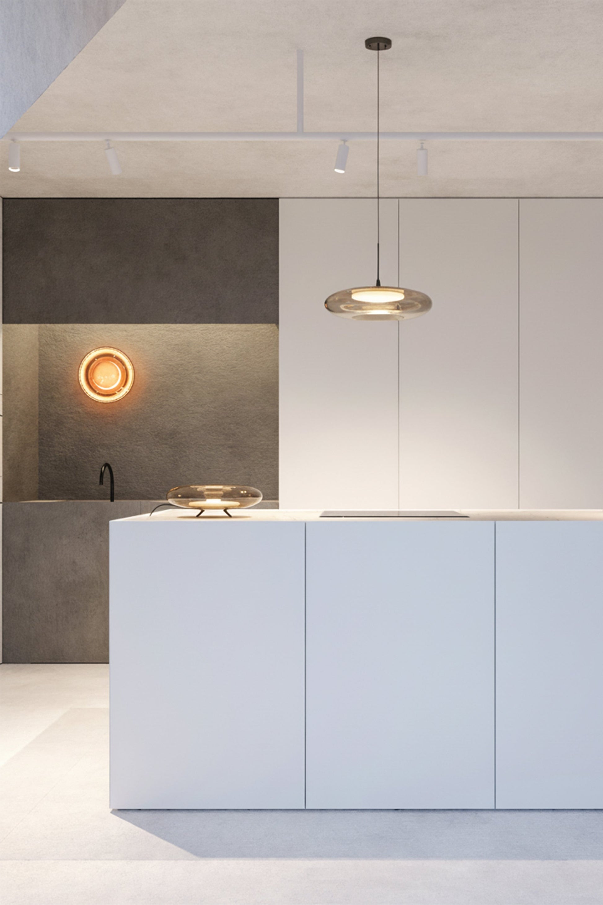 Modern kitchen with light blue island and gray backsplash