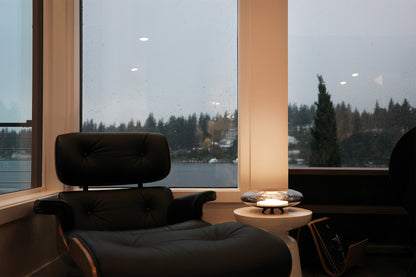 Modern chair by a window with a view of trees and water